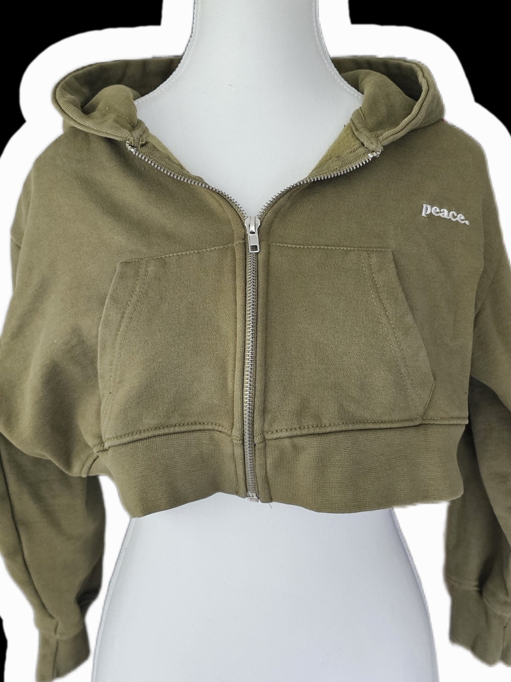 Peace Collective Olive Green Cropped Zip Hoodie Jacket